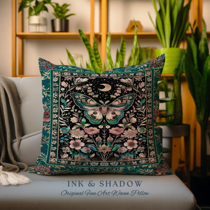 Mystic Moonlit Garden Moth Pillow Whimigothic Fairycore Decor, Dark Floral Witchy Moth Tapestry Cushion Whimsical Butterfly Cottagecore Gift