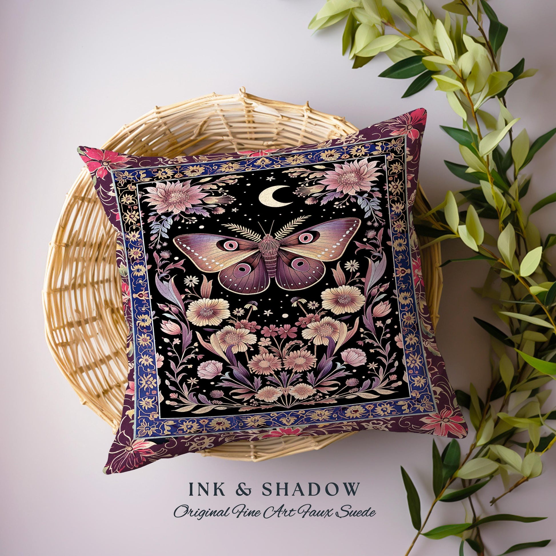 Mystic Moth Moon Woven Pillow Whimsigothic Purple Dark Cottgecore Decor | Whimsical Boho Butterfly Dark Floral Fairycore Tapestry Cushion