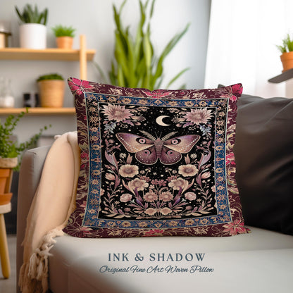 Mystic Moth Moon Woven Pillow Whimsigothic Purple Dark Cottgecore Decor | Whimsical Boho Butterfly Dark Floral Fairycore Tapestry Cushion