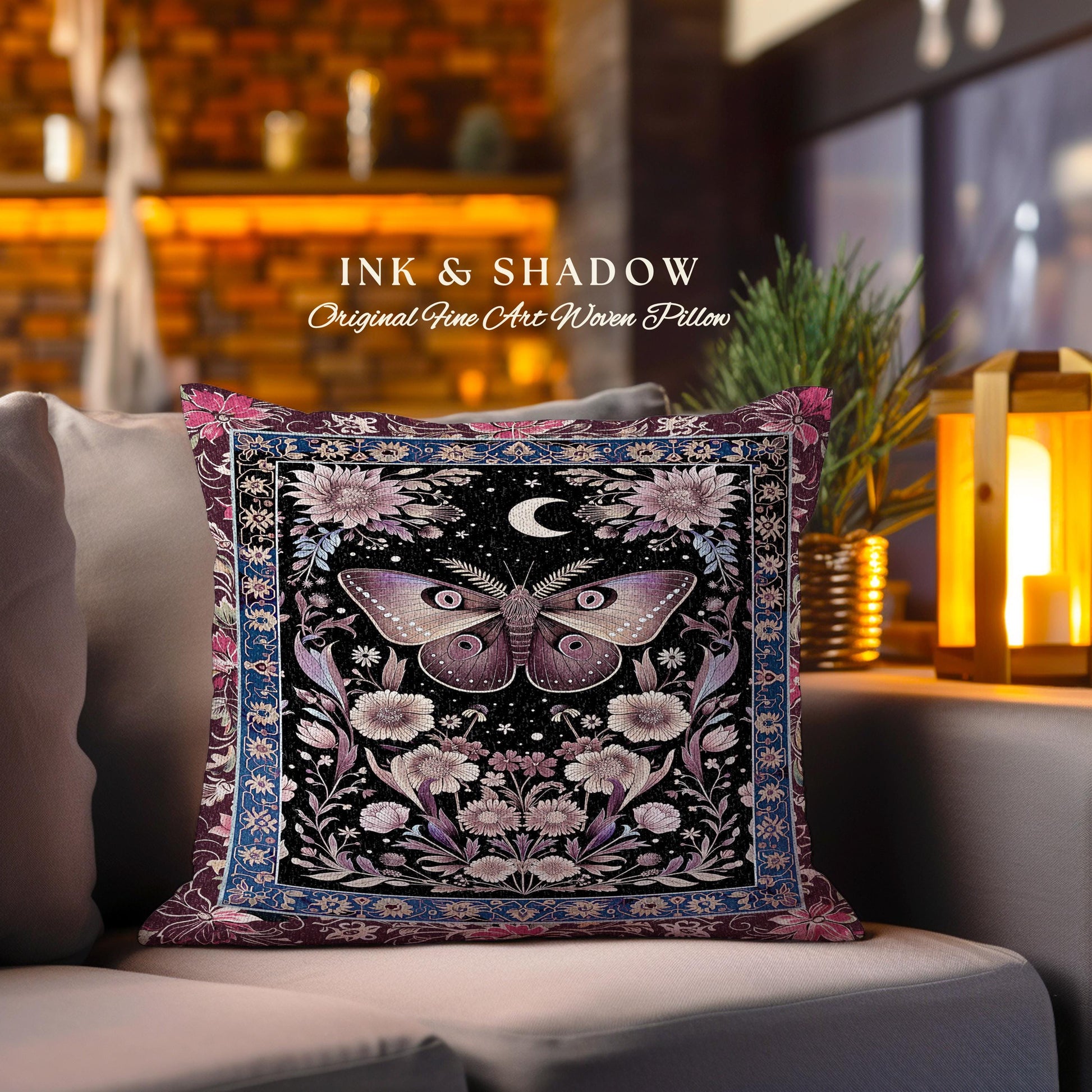 Mystic Moth Moon Woven Pillow Whimsigothic Purple Dark Cottgecore Decor | Whimsical Boho Butterfly Dark Floral Fairycore Tapestry Cushion