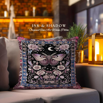 Mystic Moth Moon Woven Pillow Whimsigothic Purple Dark Cottgecore Decor | Whimsical Boho Butterfly Dark Floral Fairycore Tapestry Cushion