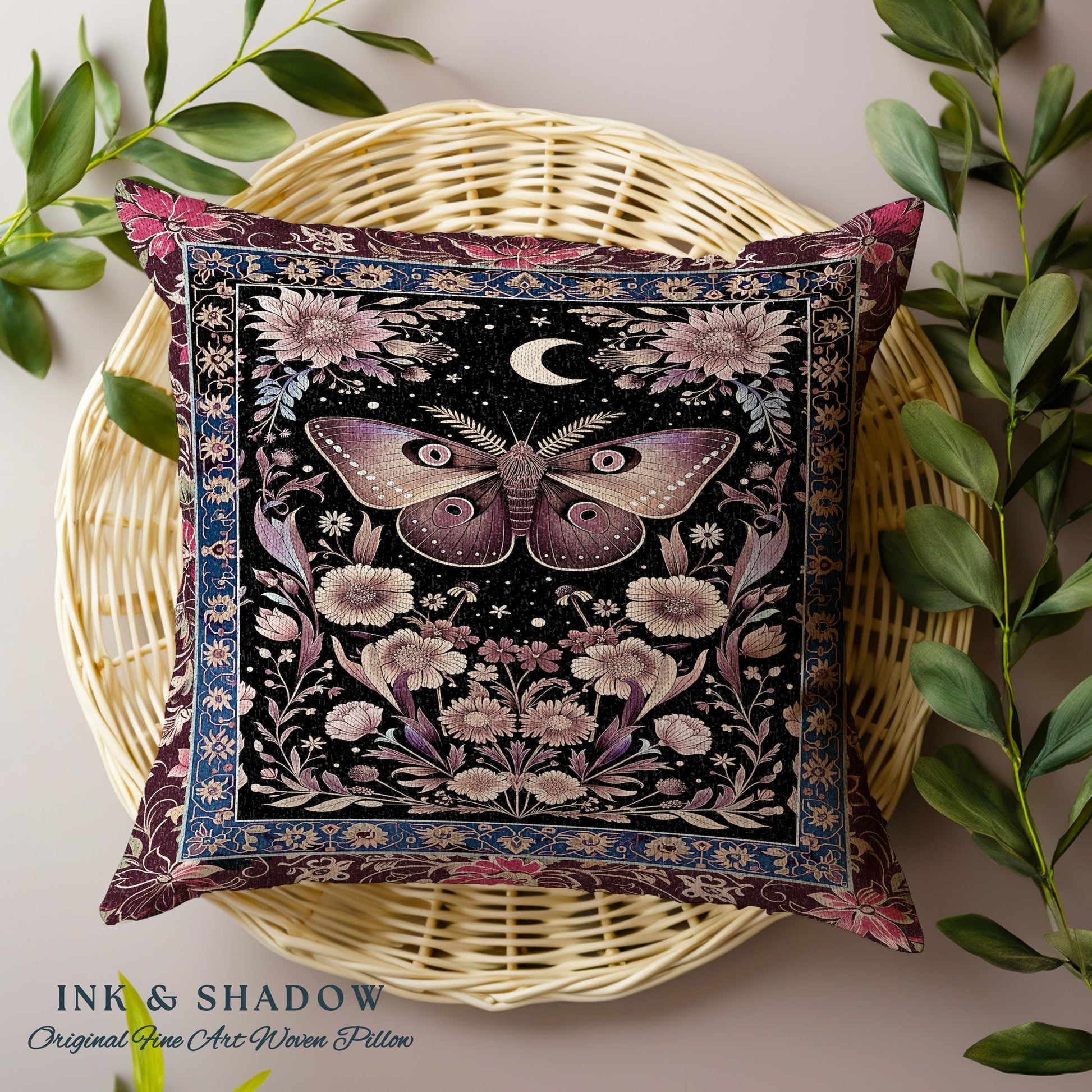 Mystic Moth Moon Woven Pillow Whimsigothic Purple Dark Cottgecore Decor | Whimsical Boho Butterfly Dark Floral Fairycore Tapestry Cushion