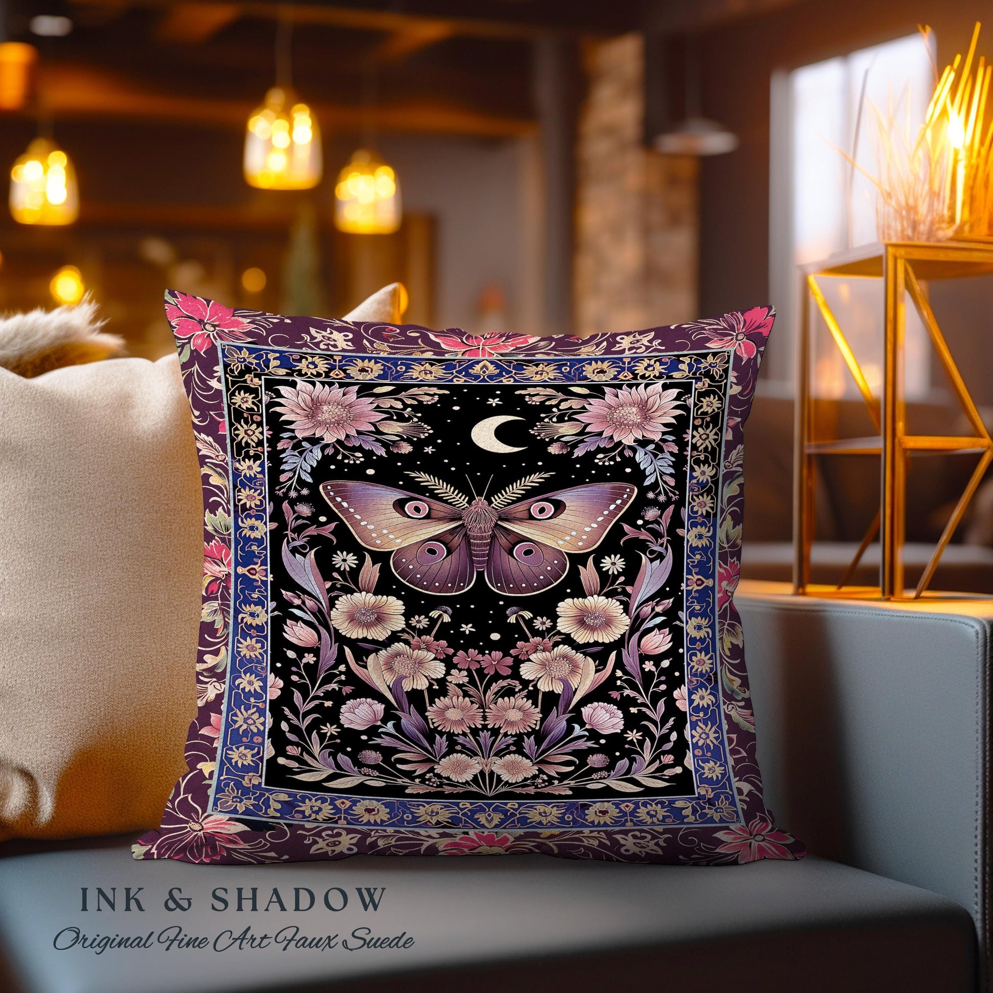 Mystic Moth Moon Woven Pillow Whimsigothic Purple Dark Cottgecore Decor | Whimsical Boho Butterfly Dark Floral Fairycore Tapestry Cushion