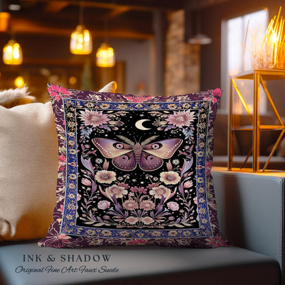 Mystic Moth Moon Woven Pillow Whimsigothic Purple Dark Cottgecore Decor | Whimsical Boho Butterfly Dark Floral Fairycore Tapestry Cushion