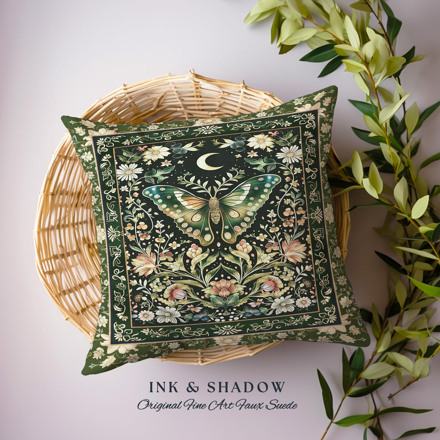 Woodland Gothic Botanical Moth Pillow Witchy Dark Academia Aesthetic Room Decor, Whimsical Green Cottagecore Butterfly Moth Tapestry Cushion