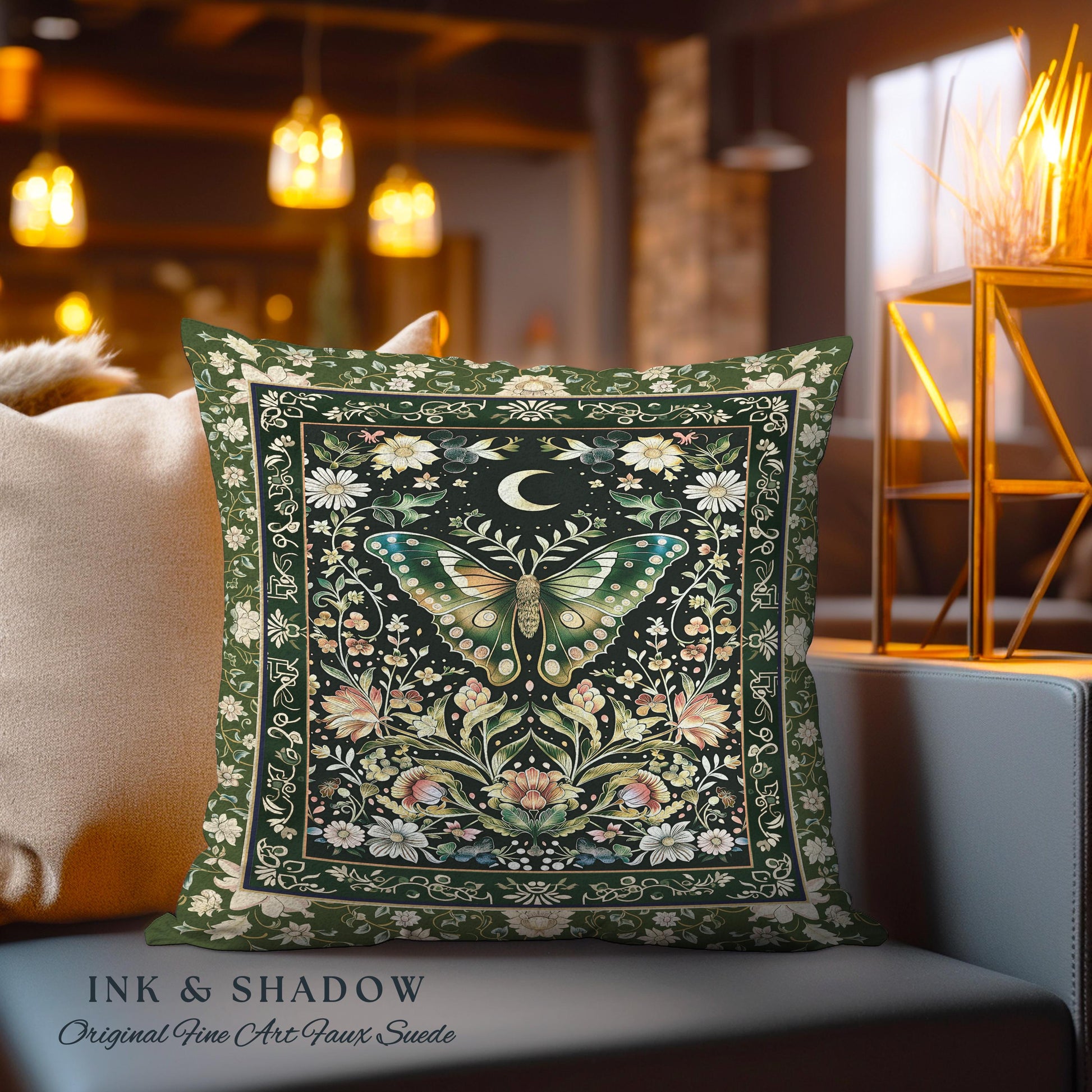 Woodland Gothic Botanical Moth Pillow Witchy Dark Academia Aesthetic Room Decor, Whimsical Green Cottagecore Butterfly Moth Tapestry Cushion