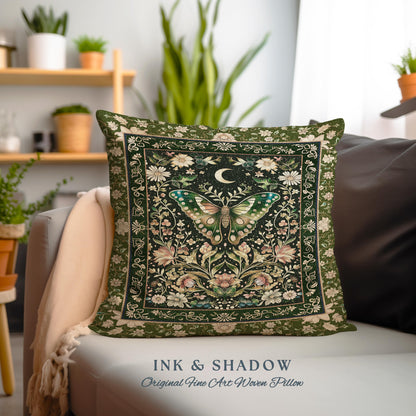 Woodland Gothic Botanical Moth Pillow Witchy Dark Academia Aesthetic Room Decor, Whimsical Green Cottagecore Butterfly Moth Tapestry Cushion