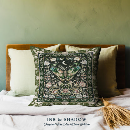 Woodland Gothic Botanical Moth Pillow Witchy Dark Academia Aesthetic Room Decor, Whimsical Green Cottagecore Butterfly Moth Tapestry Cushion