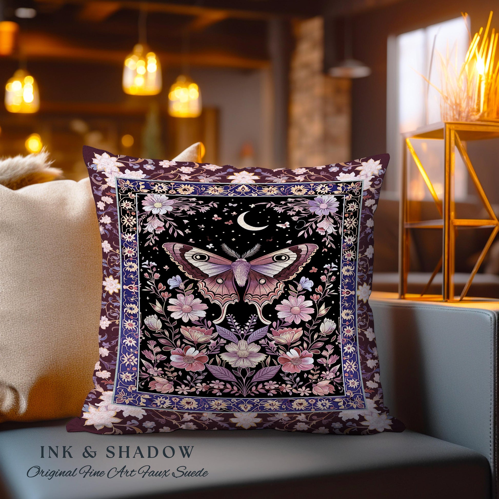 Purple Moth Celestial Pillow Boho Fairycore Dark Floral Decor, Enchanted Goth Cottagecore Butterfly Lovers Moon Tapestry Cushion Whimsical