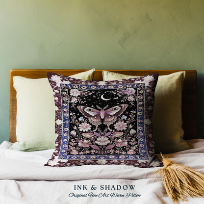 Purple Moth Celestial Pillow Boho Fairycore Dark Floral Decor, Enchanted Goth Cottagecore Butterfly Lovers Moon Tapestry Cushion Whimsical