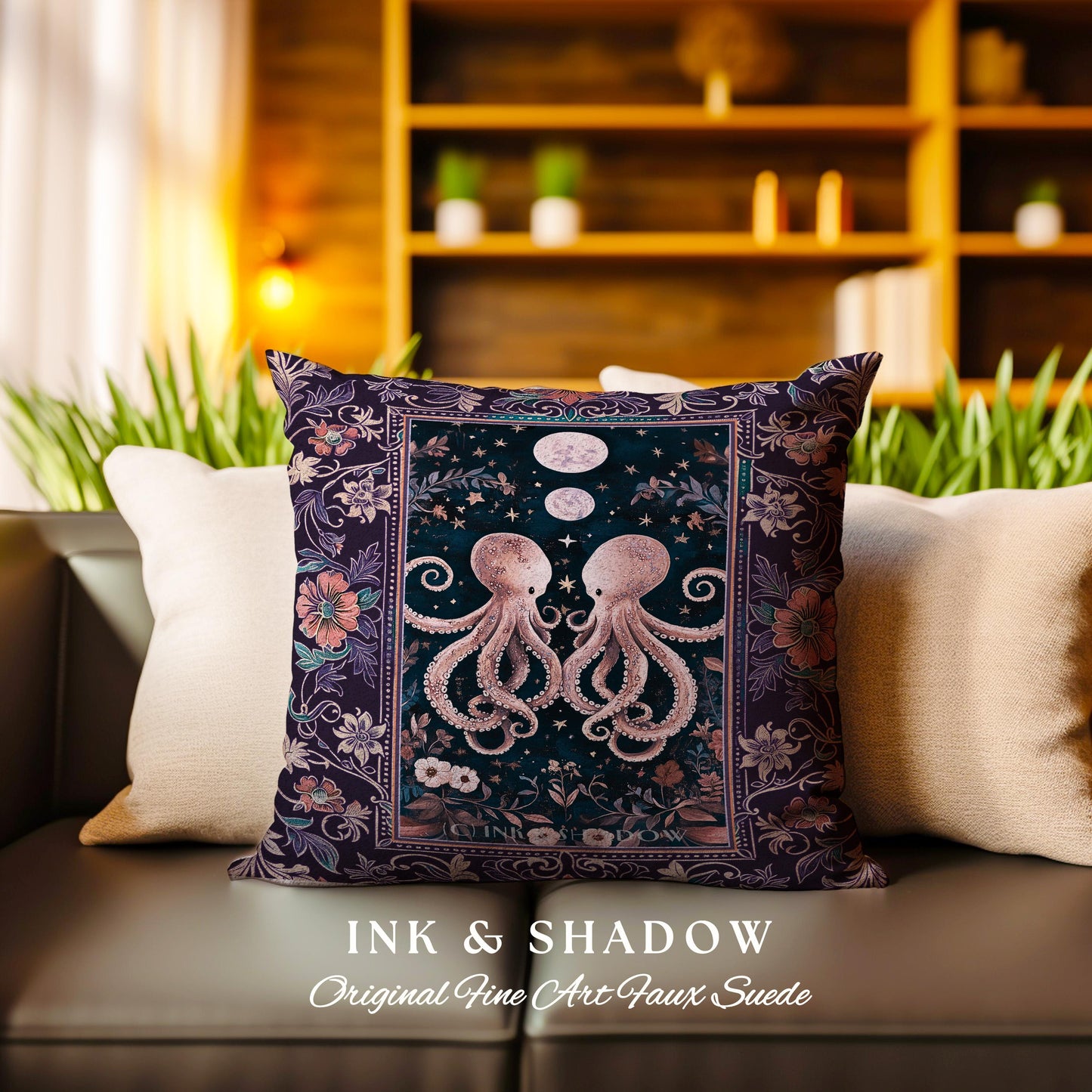 Lunar Magic Whimsical Octopus Pillow | Midnight Purple Dark Academia Nautical Celestial Goblincore Oceanic Mystery Victorian Woven Cushion |