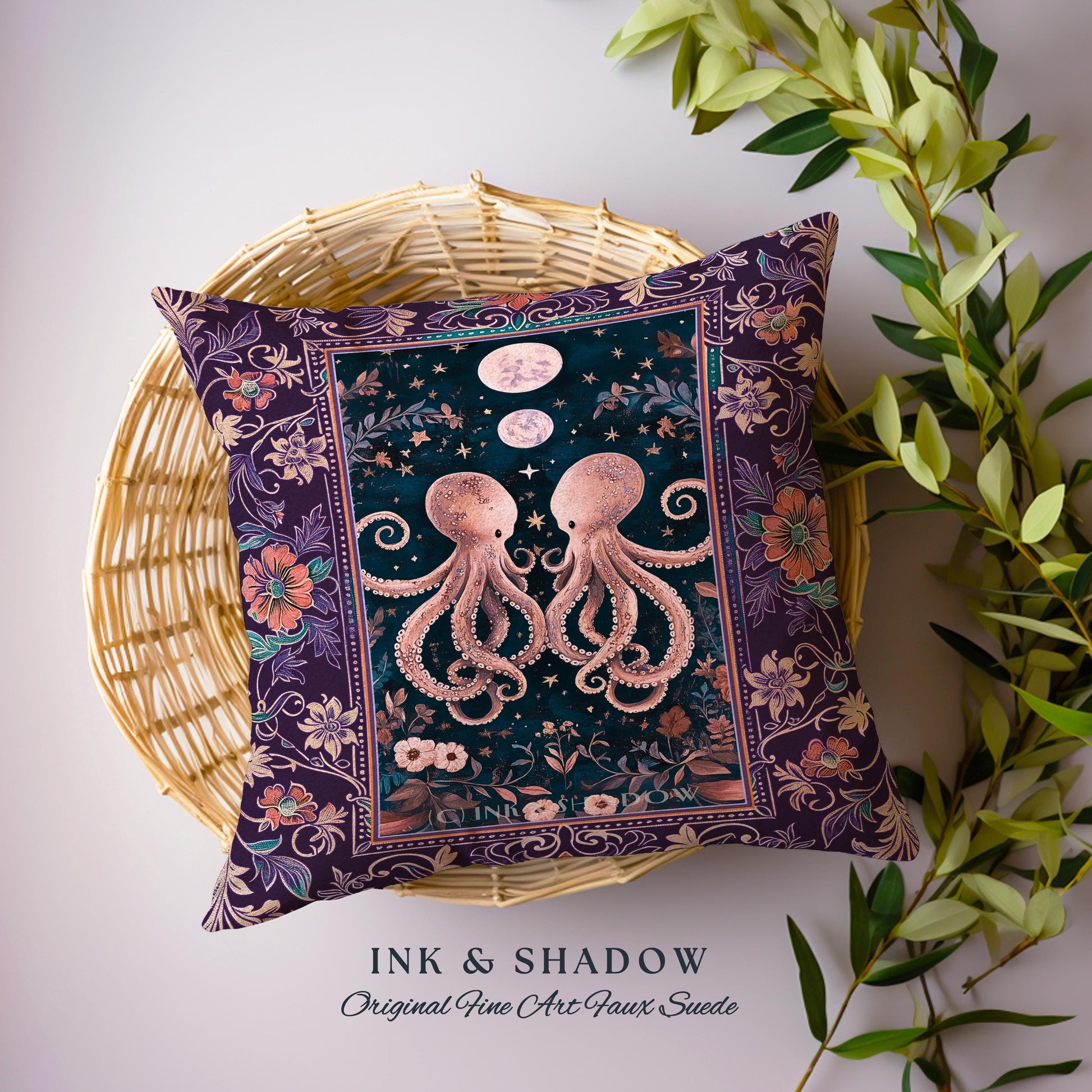 Lunar Magic Whimsical Octopus Pillow | Midnight Purple Dark Academia Nautical Celestial Goblincore Oceanic Mystery Victorian Woven Cushion |