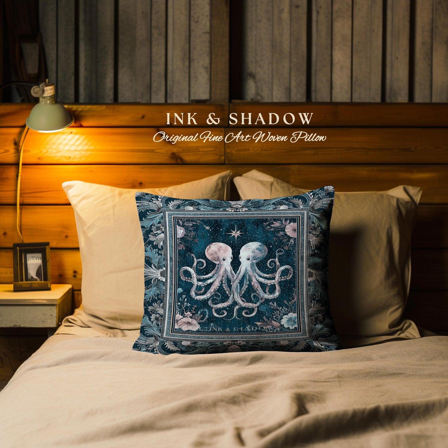 Ocean Blue Octopus Woven Pillow | Rustic Nautical Sea Life Tapestry Cushion Floral Victorian Gothic Aesthetic Costal Crustaceancore Art |