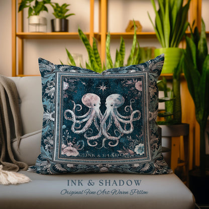 Ocean Blue Octopus Woven Pillow | Rustic Nautical Sea Life Tapestry Cushion Floral Victorian Gothic Aesthetic Costal Crustaceancore Art |