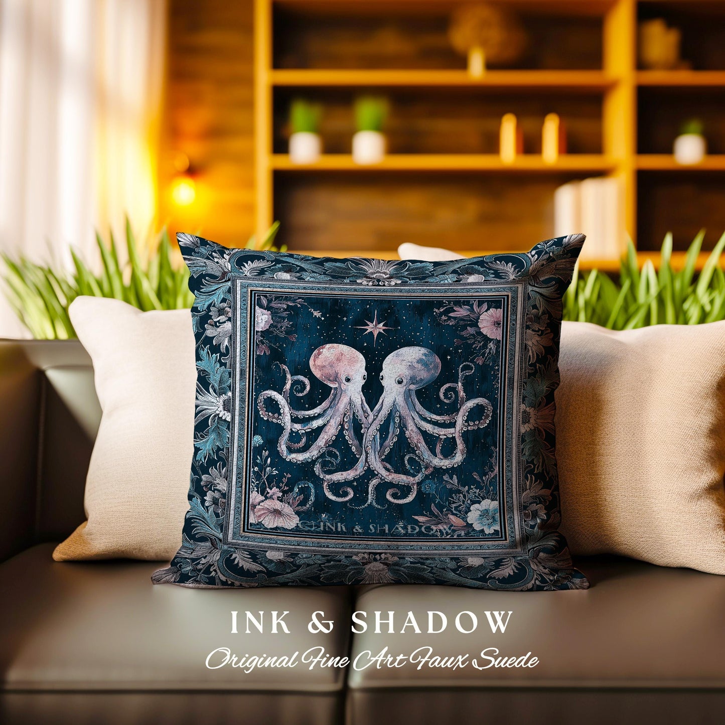 Ocean Blue Octopus Woven Pillow | Rustic Nautical Sea Life Tapestry Cushion Floral Victorian Gothic Aesthetic Costal Crustaceancore Art |