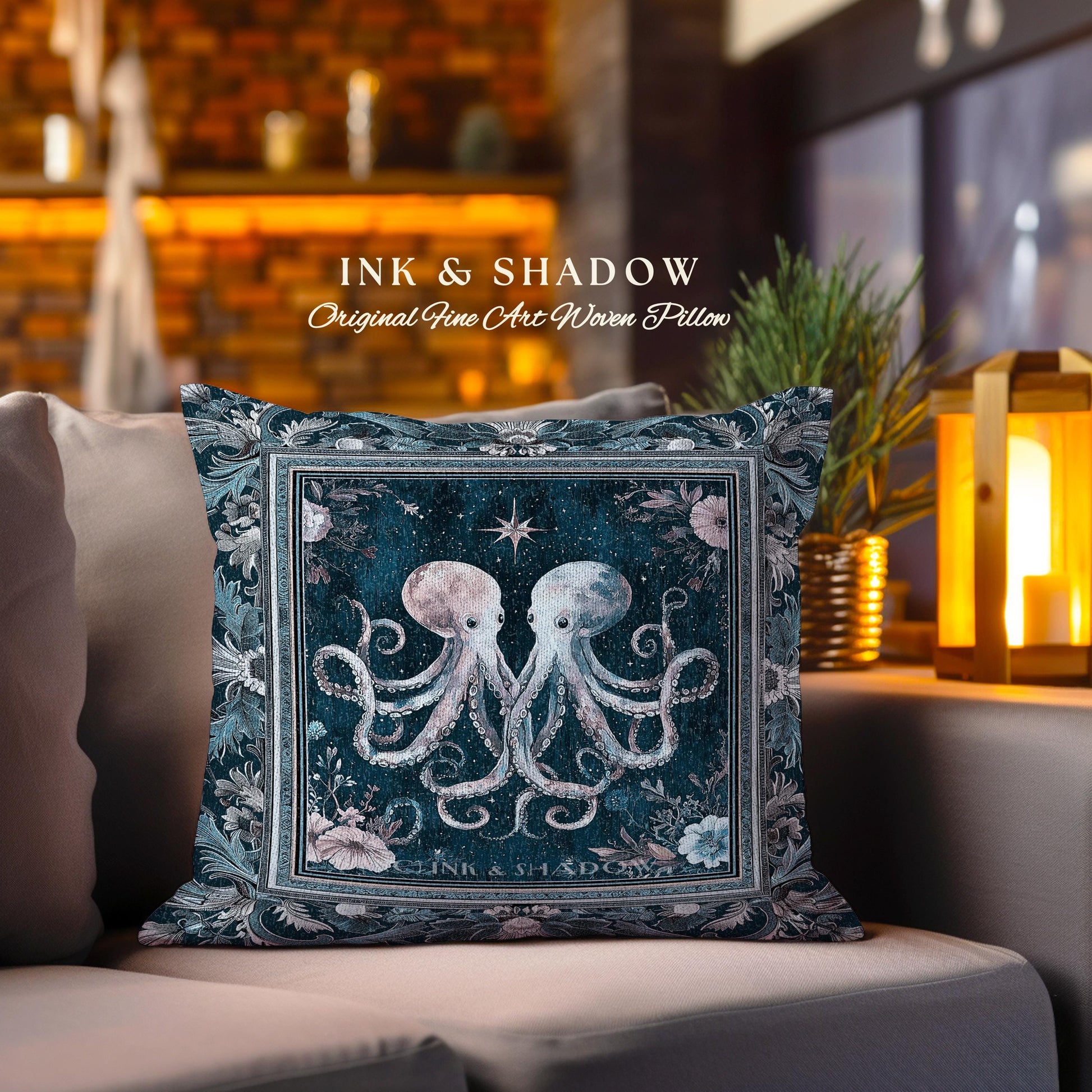 Ocean Blue Octopus Woven Pillow | Rustic Nautical Sea Life Tapestry Cushion Floral Victorian Gothic Aesthetic Costal Crustaceancore Art |