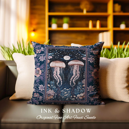 Victorian Gothic Jellyfish Underwater Sea Scene Pillow Celestial Costal Cottagecore Enchanted Whimsigothic Purple Floral Woven Cushion |