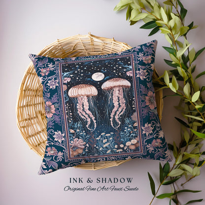 Victorian Gothic Jellyfish Underwater Sea Scene Pillow Celestial Costal Cottagecore Enchanted Whimsigothic Purple Floral Woven Cushion |