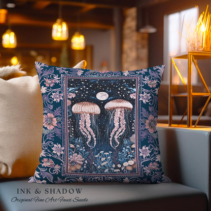 Victorian Gothic Jellyfish Underwater Sea Scene Pillow Celestial Costal Cottagecore Enchanted Whimsigothic Purple Floral Woven Cushion |