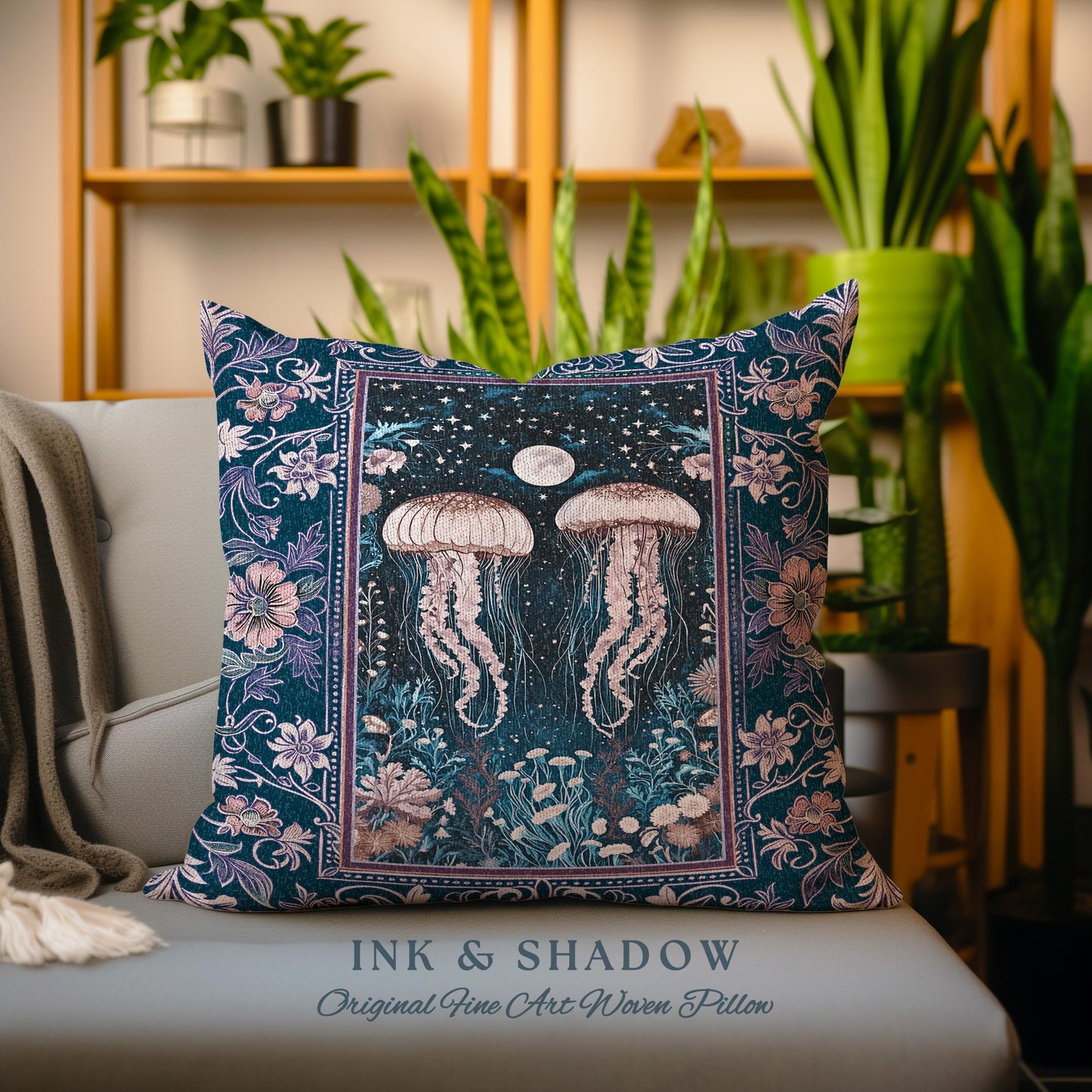 Victorian Gothic Jellyfish Underwater Sea Scene Pillow Celestial Costal Cottagecore Enchanted Whimsigothic Purple Floral Woven Cushion |