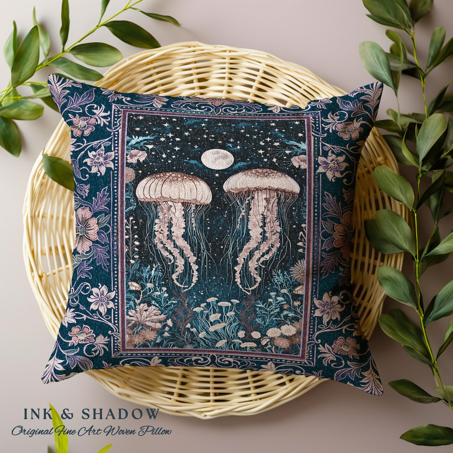 Victorian Gothic Jellyfish Underwater Sea Scene Pillow Celestial Costal Cottagecore Enchanted Whimsigothic Purple Floral Woven Cushion |