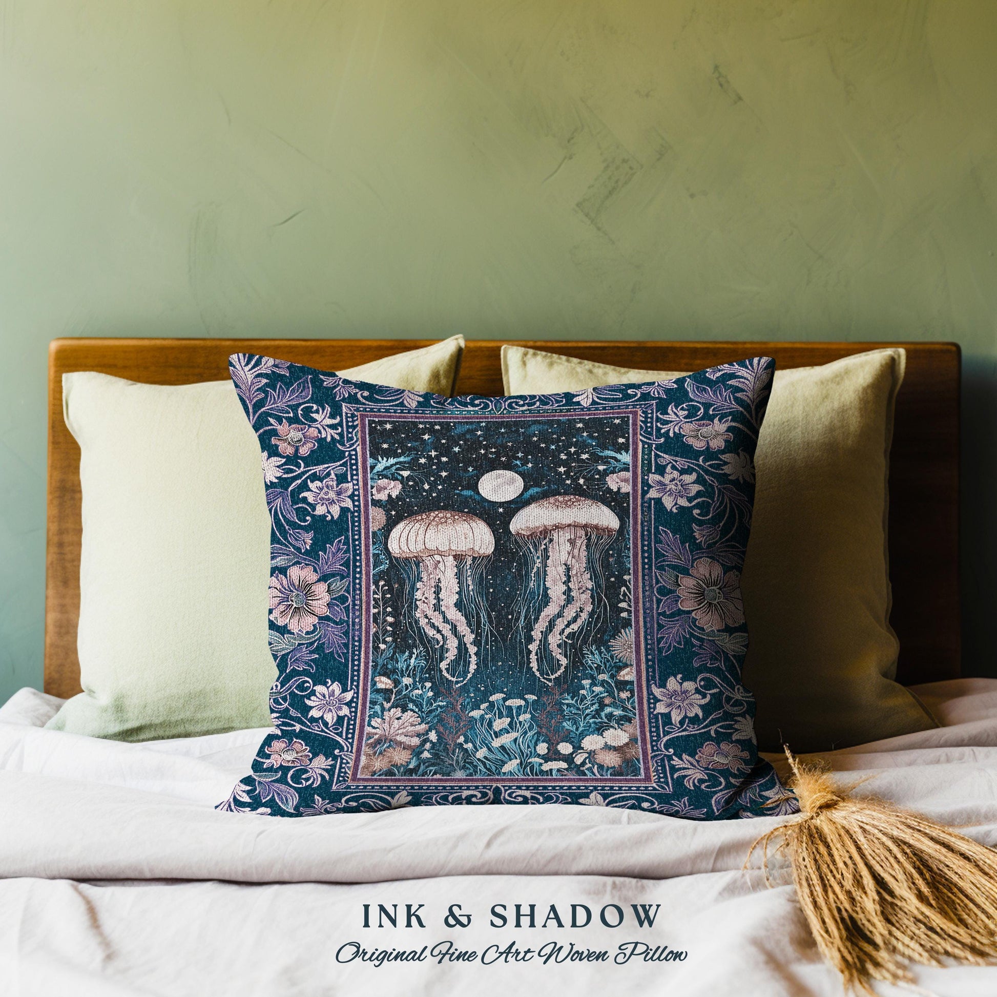 Victorian Gothic Jellyfish Underwater Sea Scene Pillow Celestial Costal Cottagecore Enchanted Whimsigothic Purple Floral Woven Cushion |