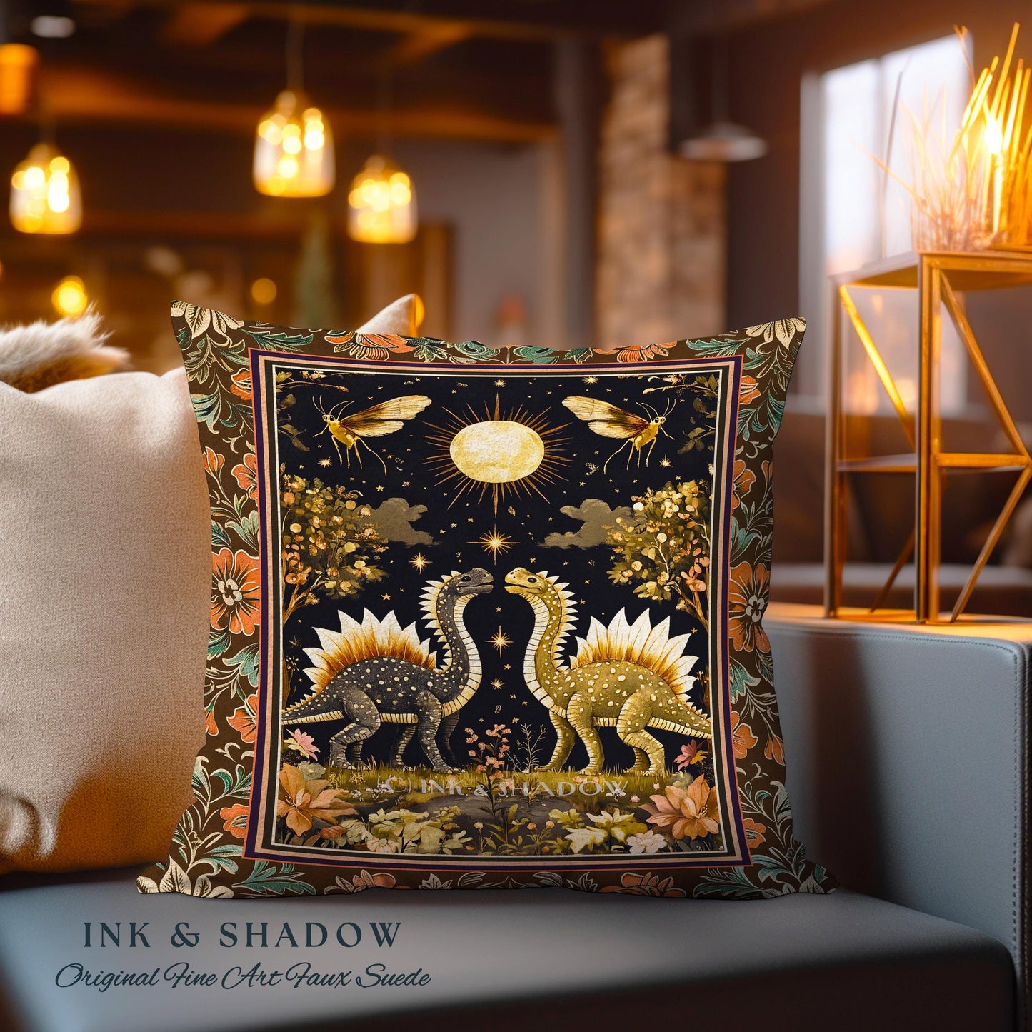 Rustic Elegance Dinosaur Decor Woodland Gothic Celestial Stegosaurus Pillow Antique Baroque Aesthetic Enchanted Forestcore Art Home Accent