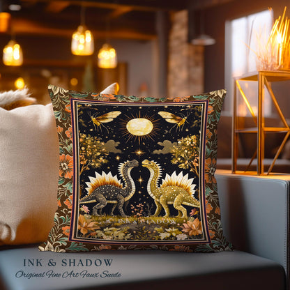 Rustic Elegance Dinosaur Decor Woodland Gothic Celestial Stegosaurus Pillow Antique Baroque Aesthetic Enchanted Forestcore Art Home Accent