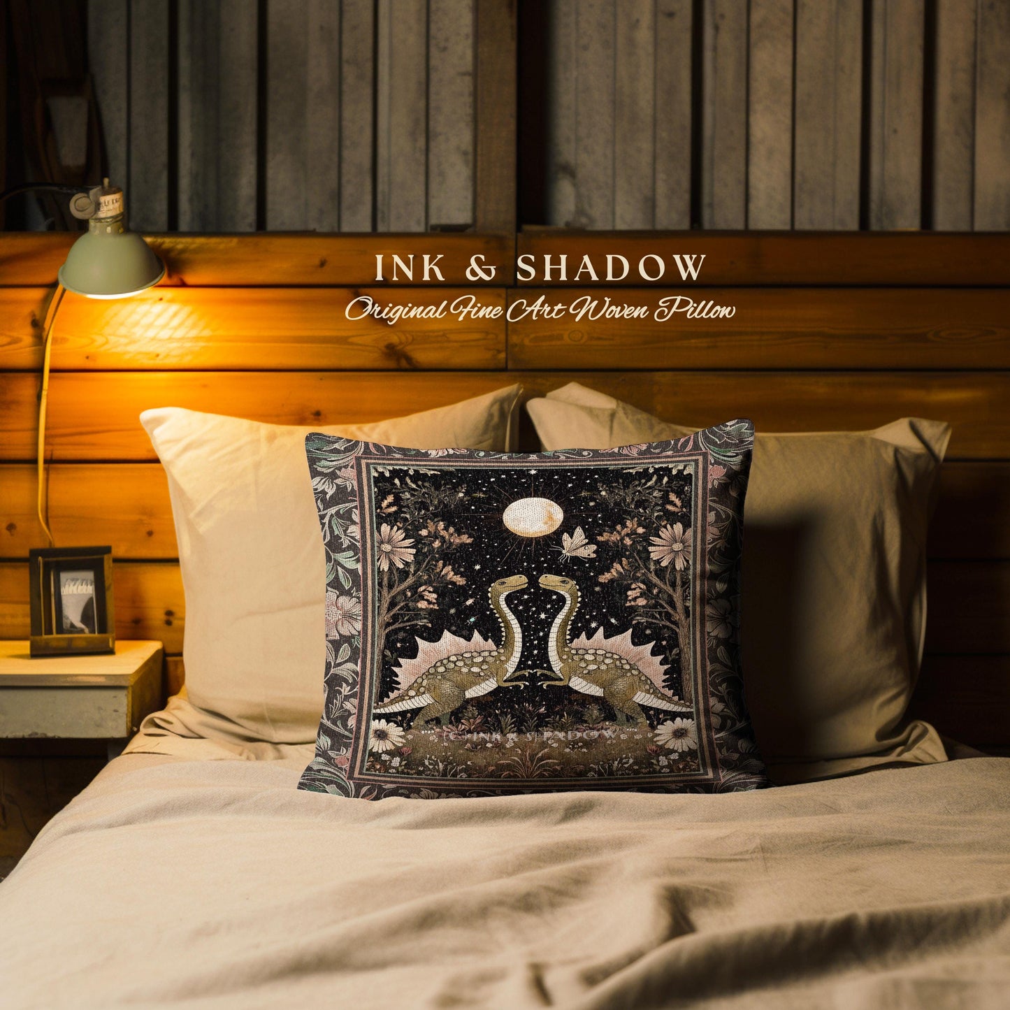 Vintage Woodland Gothic Dinosaur Pillow Rustic Olive Green Farmhouse Celestial Cottagecore Accent Retro Goblincore Stegosaurus Dino Cushion