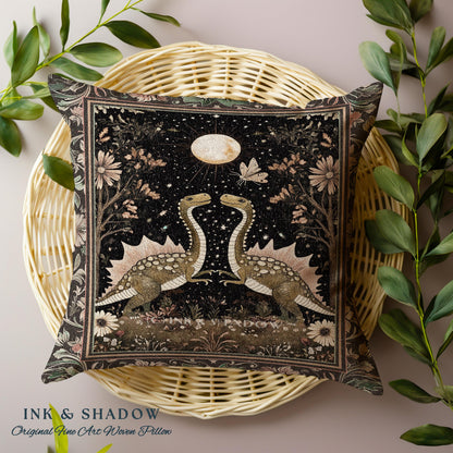 Vintage Woodland Gothic Dinosaur Pillow Rustic Olive Green Farmhouse Celestial Cottagecore Accent Retro Goblincore Stegosaurus Dino Cushion
