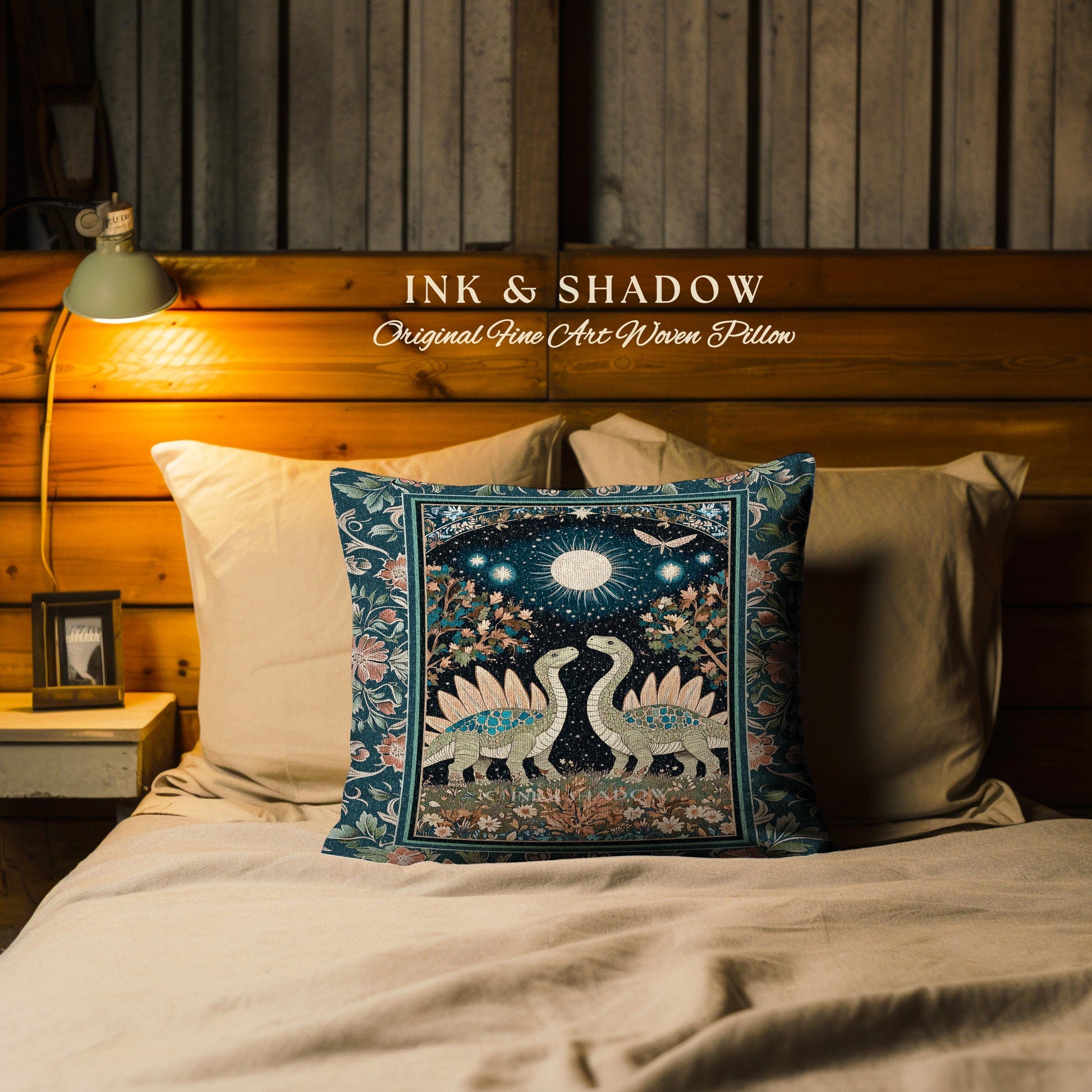 Whimsical Forestcore Mystical Dinosaur Pillow Starry Night Enchanted Woodland Decor | Magic Celestial Cottagecore Stegosaurus Home Accent