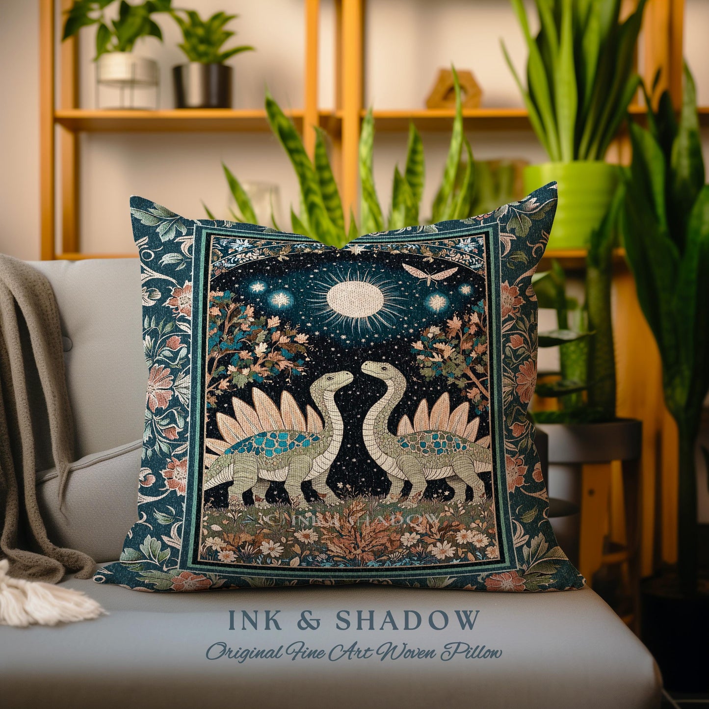 Whimsical Forestcore Mystical Dinosaur Pillow Starry Night Enchanted Woodland Decor | Magic Celestial Cottagecore Stegosaurus Home Accent