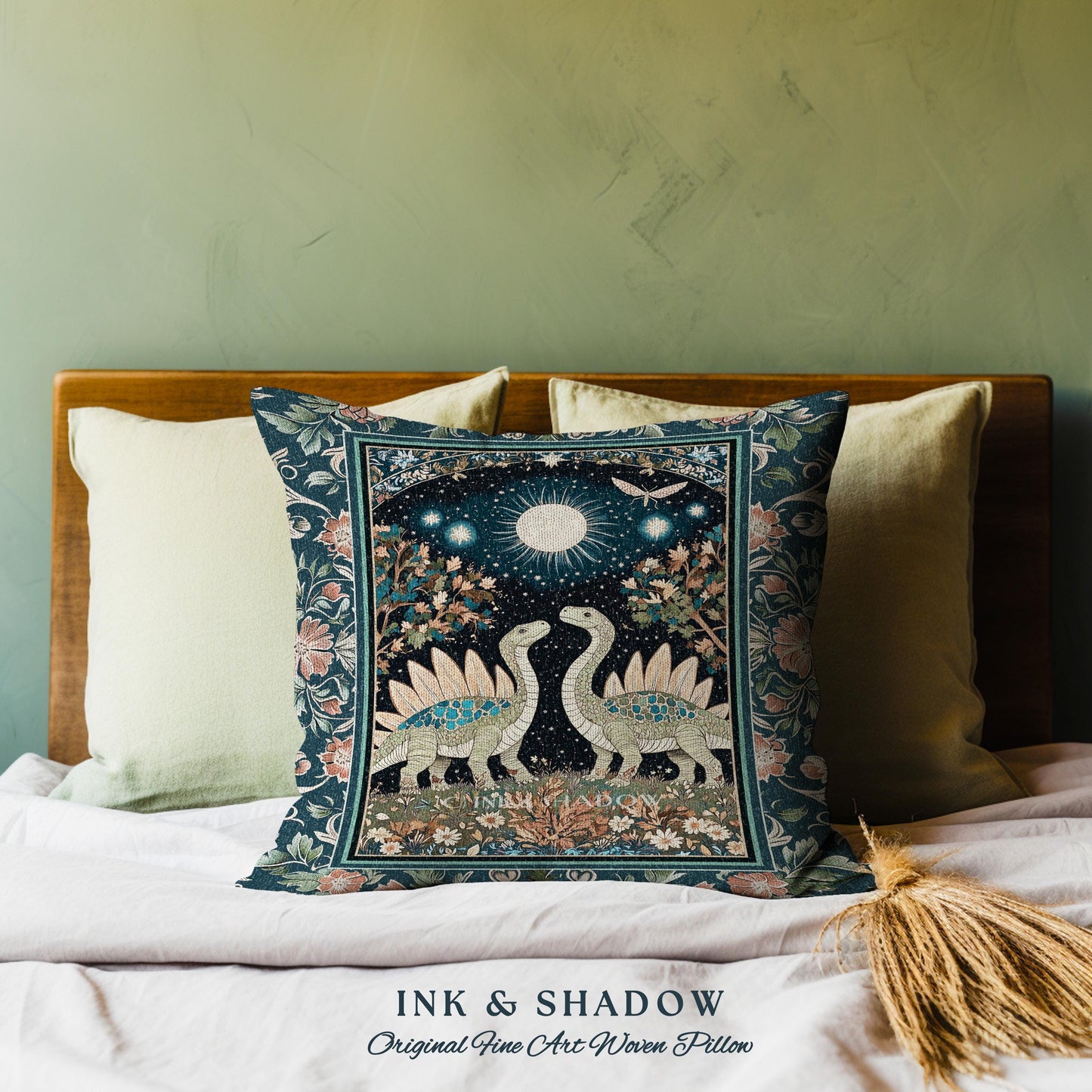 Whimsical Forestcore Mystical Dinosaur Pillow Starry Night Enchanted Woodland Decor | Magic Celestial Cottagecore Stegosaurus Home Accent