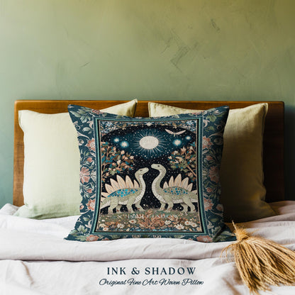 Whimsical Forestcore Mystical Dinosaur Pillow Starry Night Enchanted Woodland Decor | Magic Celestial Cottagecore Stegosaurus Home Accent