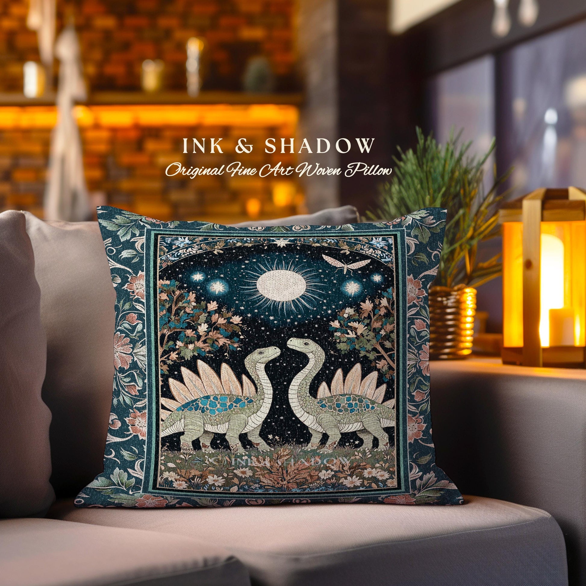 Whimsical Forestcore Mystical Dinosaur Pillow Starry Night Enchanted Woodland Decor | Magic Celestial Cottagecore Stegosaurus Home Accent