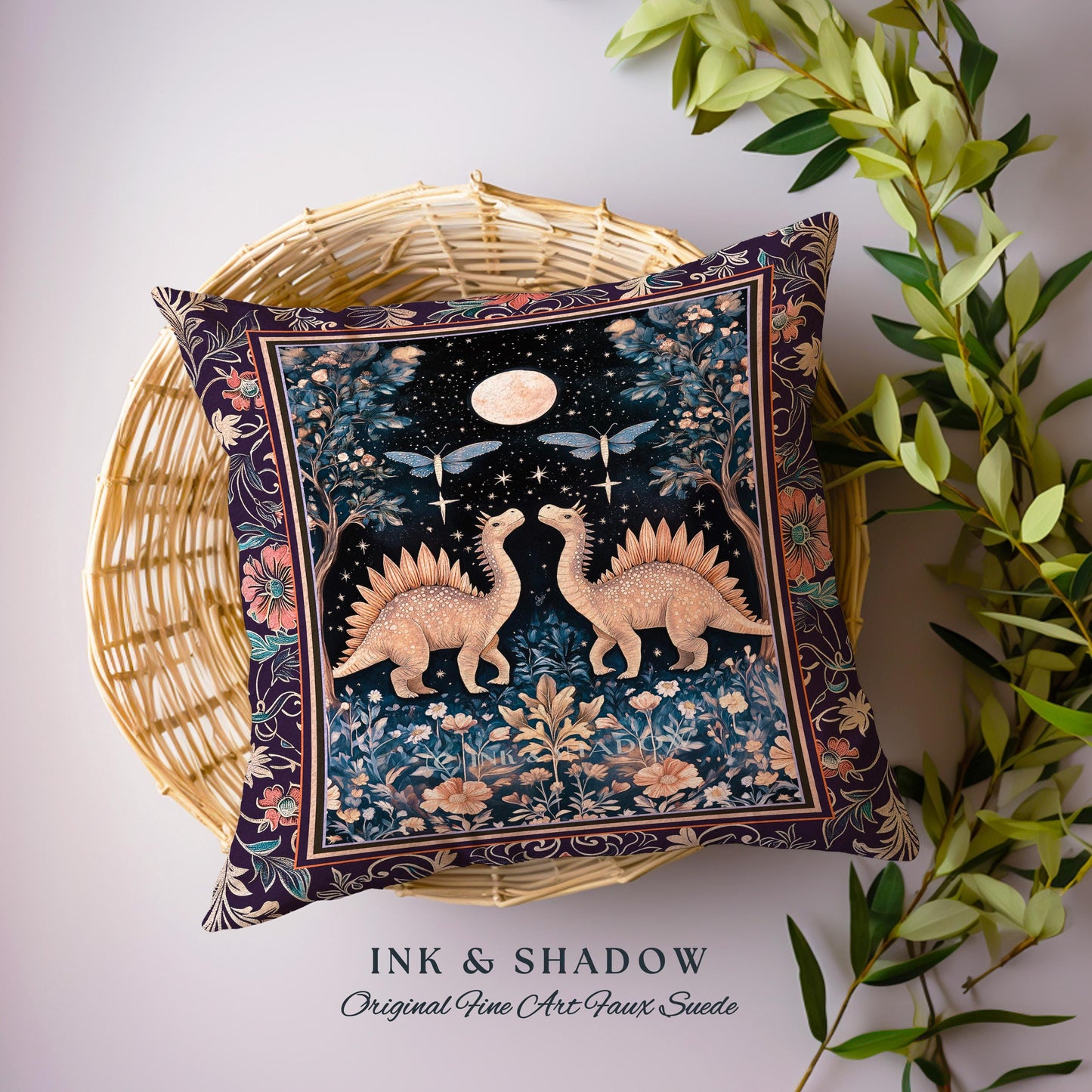 Cute Dino Whimsical Moonlit Pillow | Moth Night Sky Ethereal Woodland Dinosaur Woven Cushion Ornate Medieval Floral Vintage Dark Maximalist