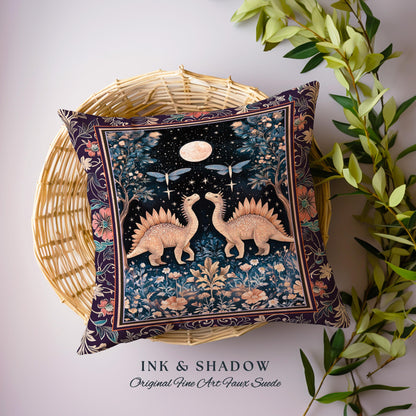 Cute Dino Whimsical Moonlit Pillow | Moth Night Sky Ethereal Woodland Dinosaur Woven Cushion Ornate Medieval Floral Vintage Dark Maximalist