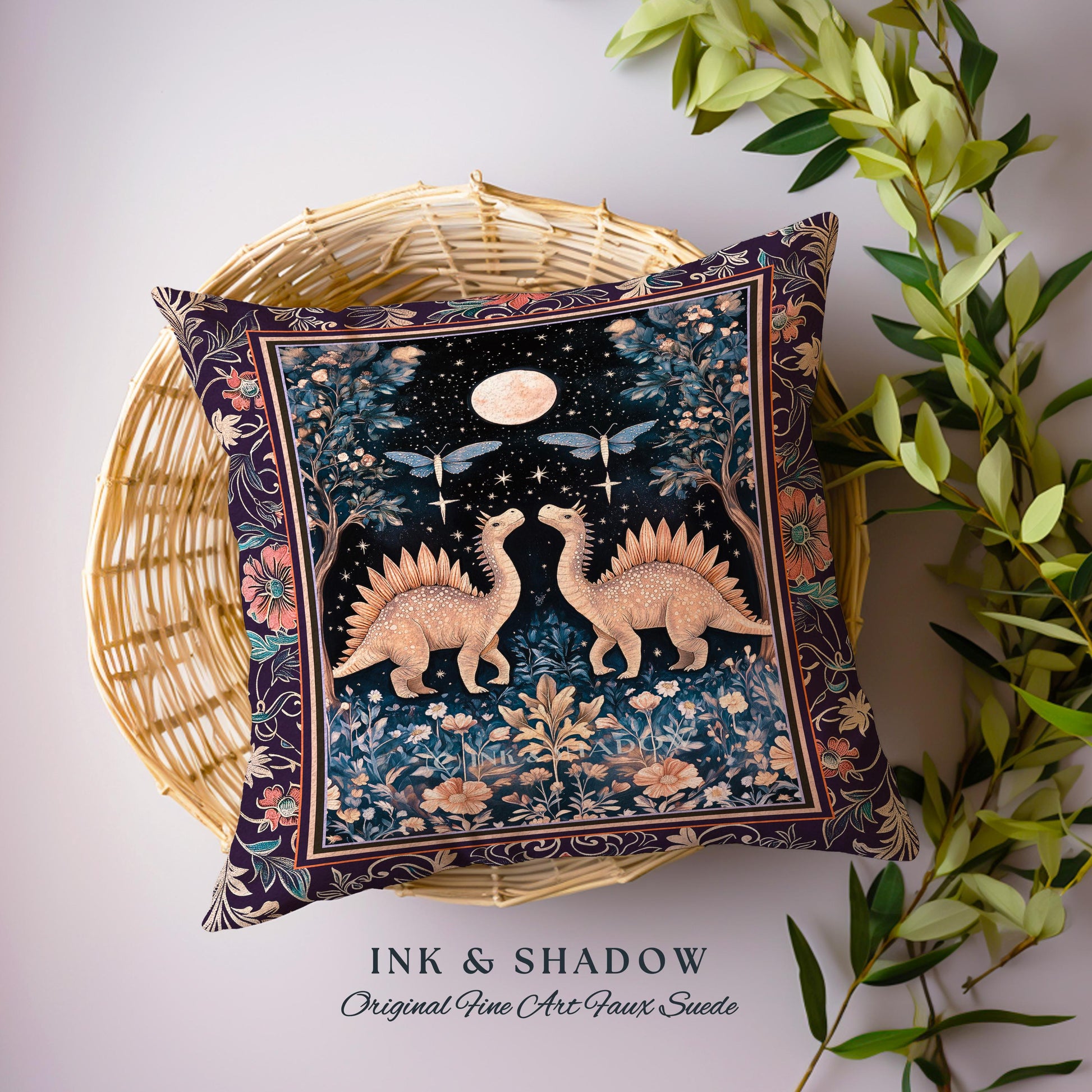 Cute Dino Whimsical Moonlit Pillow | Moth Night Sky Ethereal Woodland Dinosaur Woven Cushion Ornate Medieval Floral Vintage Dark Maximalist