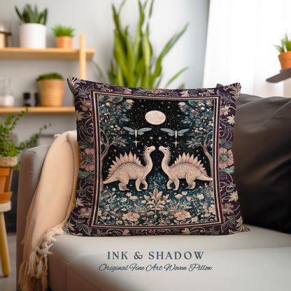 Cute Dino Whimsical Moonlit Pillow | Moth Night Sky Ethereal Woodland Dinosaur Woven Cushion Ornate Medieval Floral Vintage Dark Maximalist