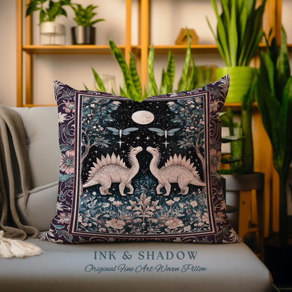 Cute Dino Whimsical Moonlit Pillow | Moth Night Sky Ethereal Woodland Dinosaur Woven Cushion Ornate Medieval Floral Vintage Dark Maximalist