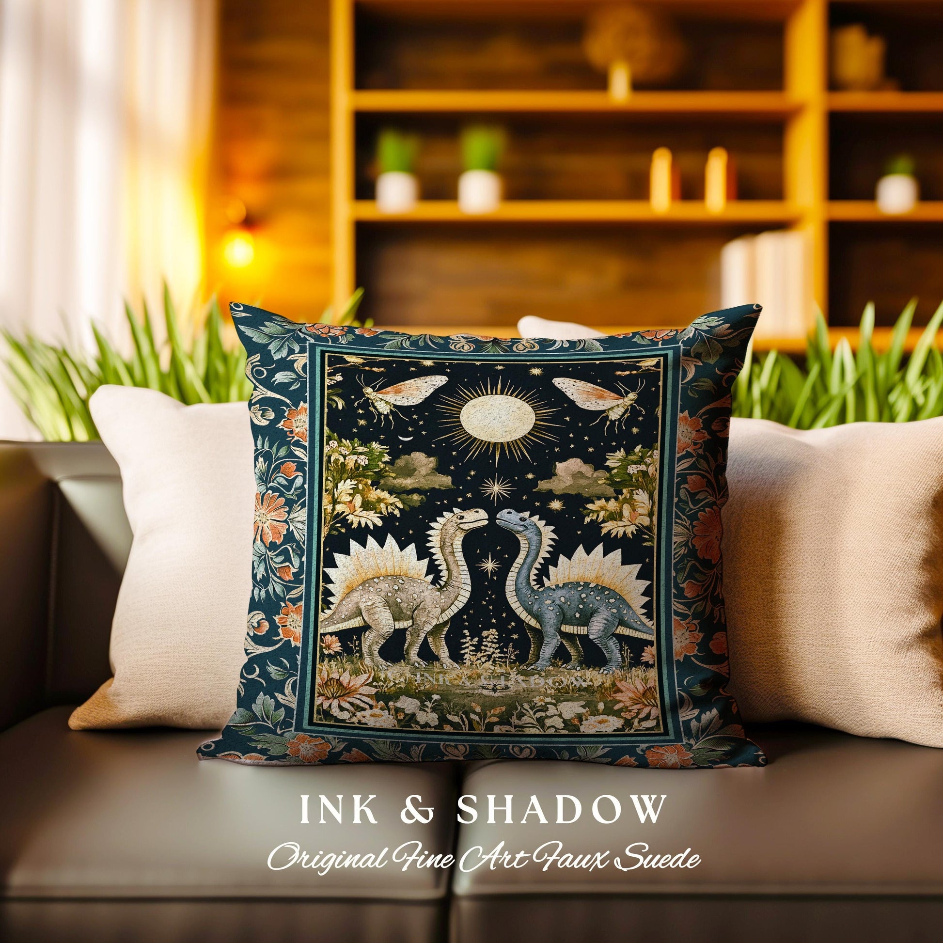 Ethereal Dino Lovers Woven Pillow | Whimsical Dinosaur Nursery Cushion Moth Ornate Medieval Jurassic Floral Vintage Dark Maximalist Art TRex