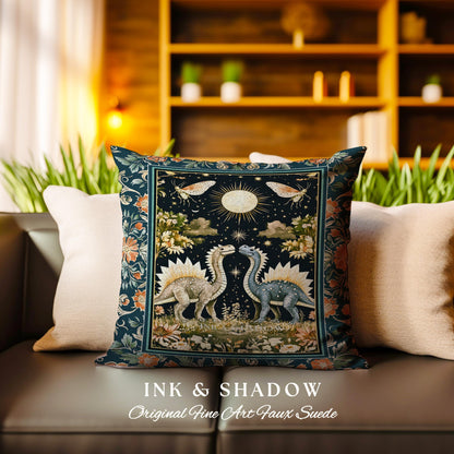 Ethereal Dino Lovers Woven Pillow | Whimsical Dinosaur Nursery Cushion Moth Ornate Medieval Jurassic Floral Vintage Dark Maximalist Art TRex