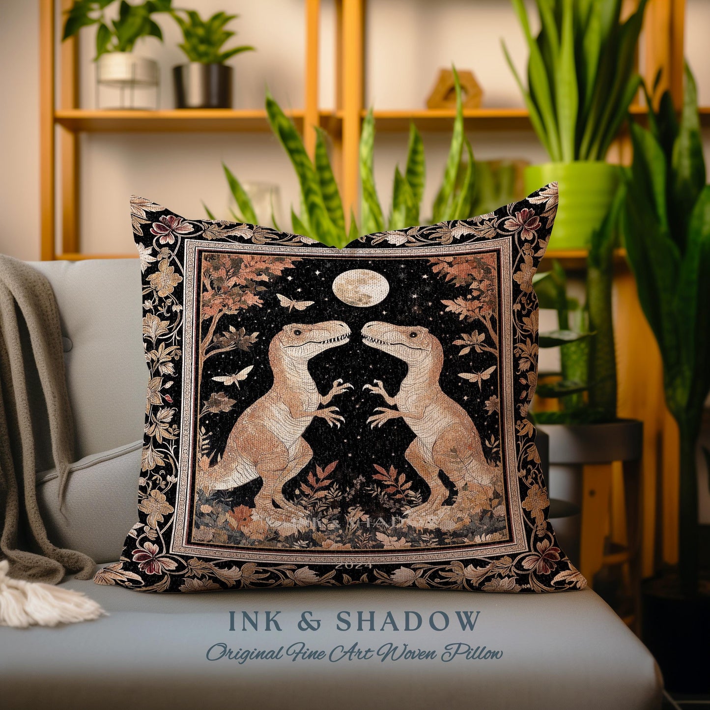 Regal Dinosaur Lovers Pillow Antique Gold Baroque Botanical Moonlit Night Decor | Dark Academia Celestial T-Rex Ornate Whimsigothic Accent