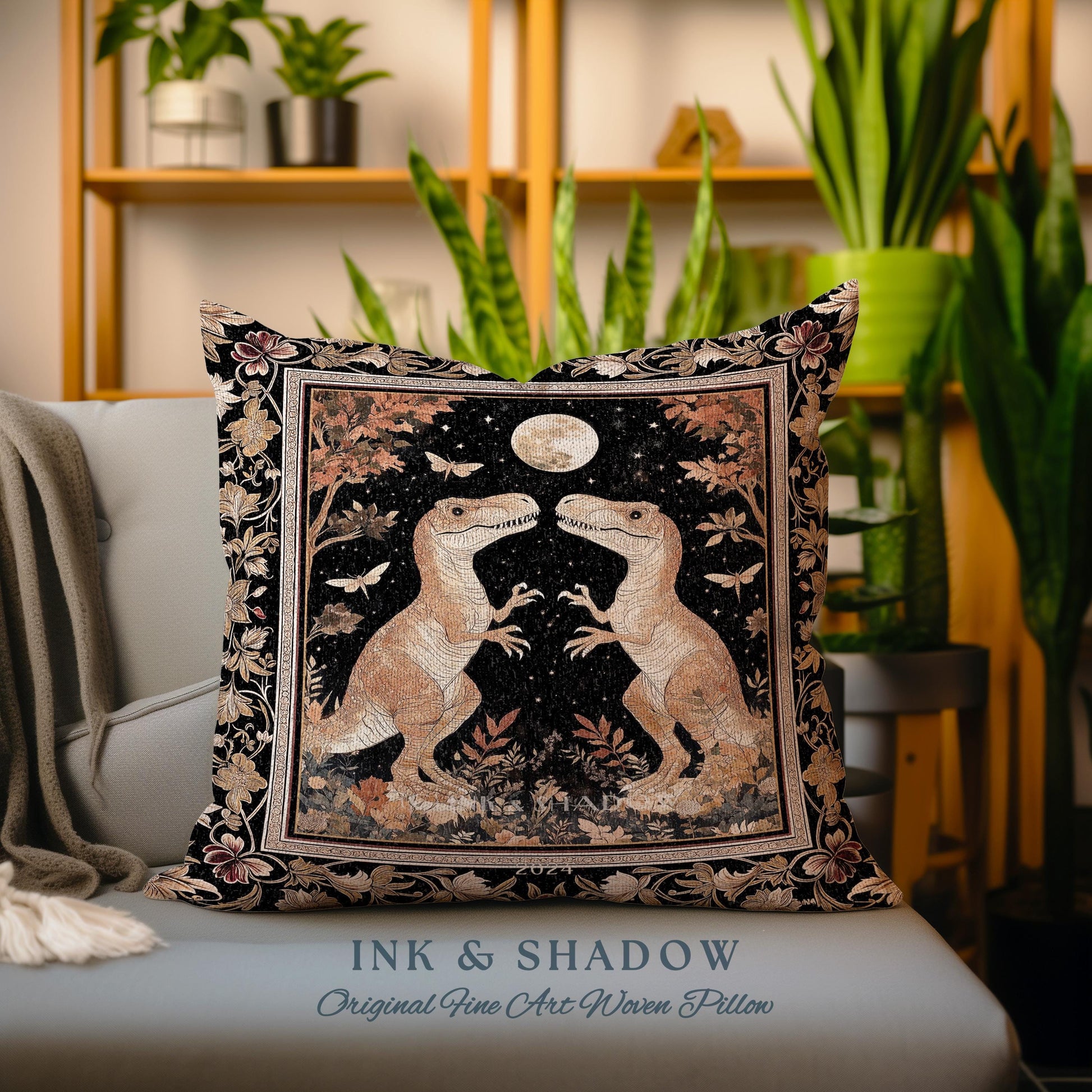 Regal Dinosaur Lovers Pillow Antique Gold Baroque Botanical Moonlit Night Decor | Dark Academia Celestial T-Rex Ornate Whimsigothic Accent