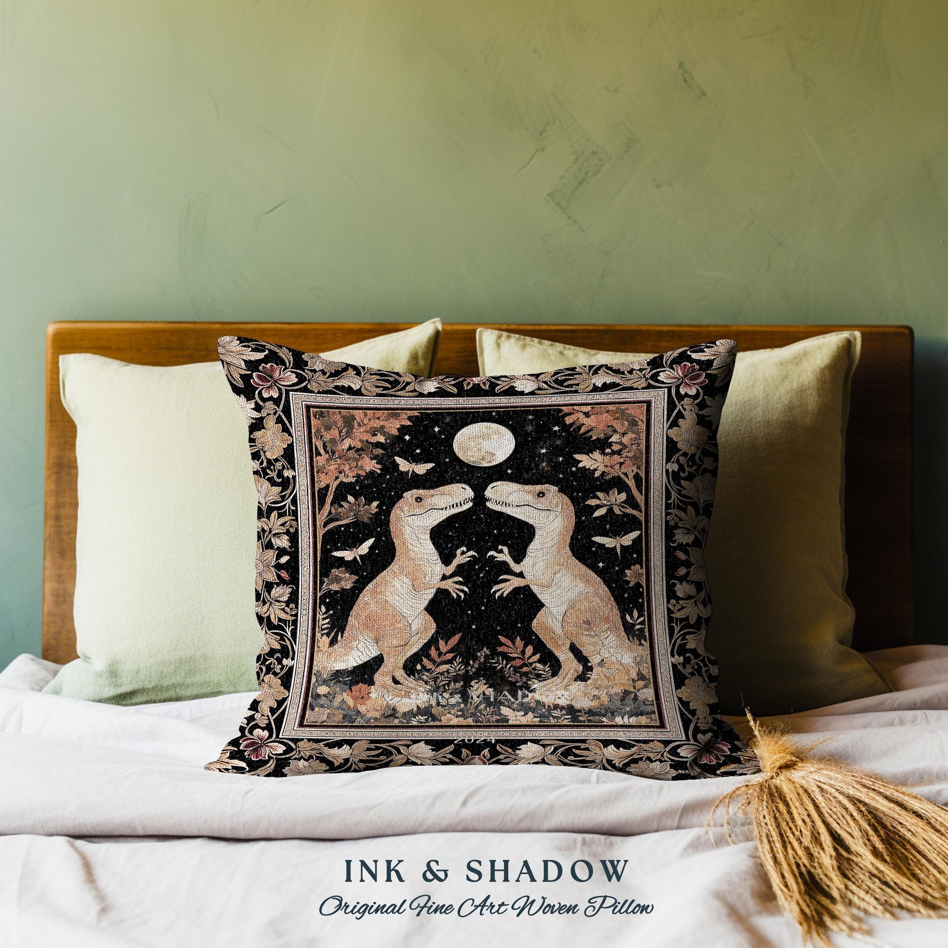 Regal Dinosaur Lovers Pillow Antique Gold Baroque Botanical Moonlit Night Decor | Dark Academia Celestial T-Rex Ornate Whimsigothic Accent