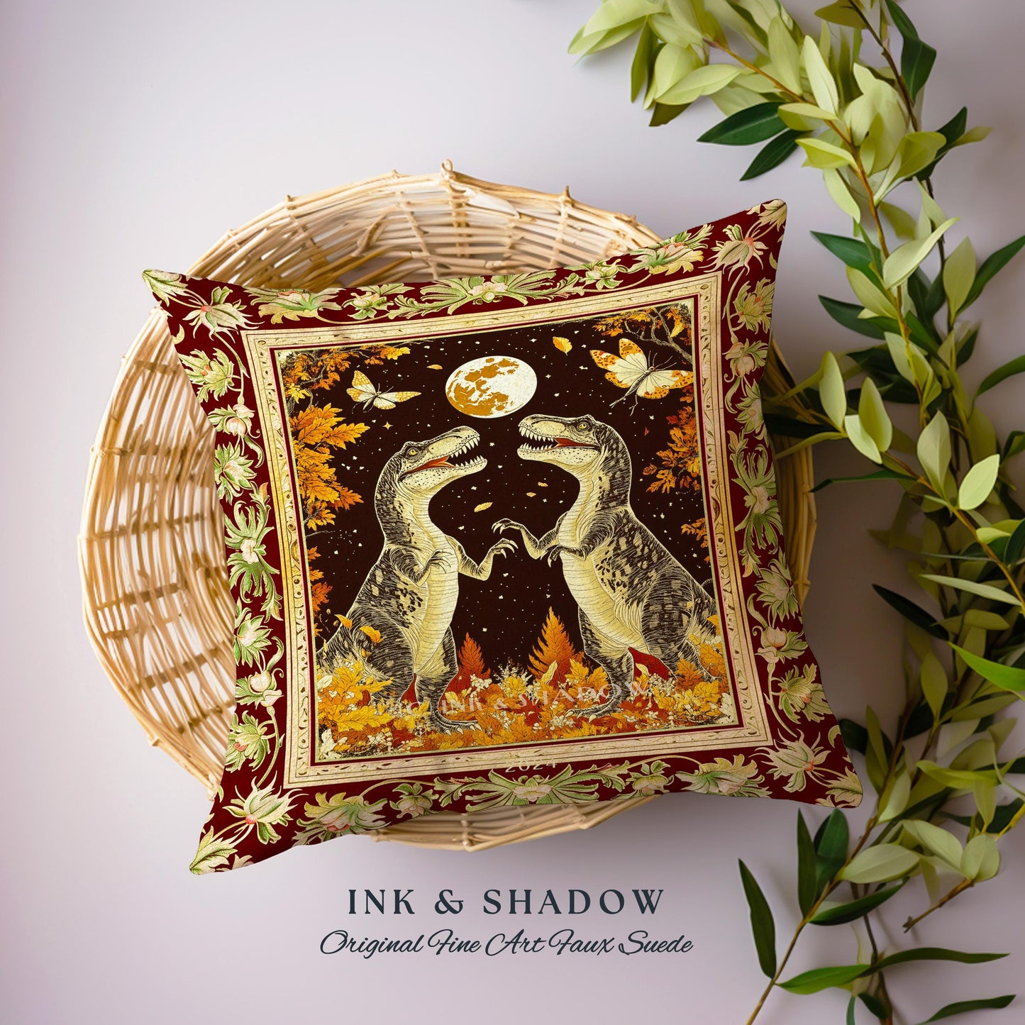Baroque Dinosaur Pillow Ornate Medieval Botanical Nightscape Art | Vintage Dark Academia Woodland Gothic T-Rex Enchanted Forest Fantasy |