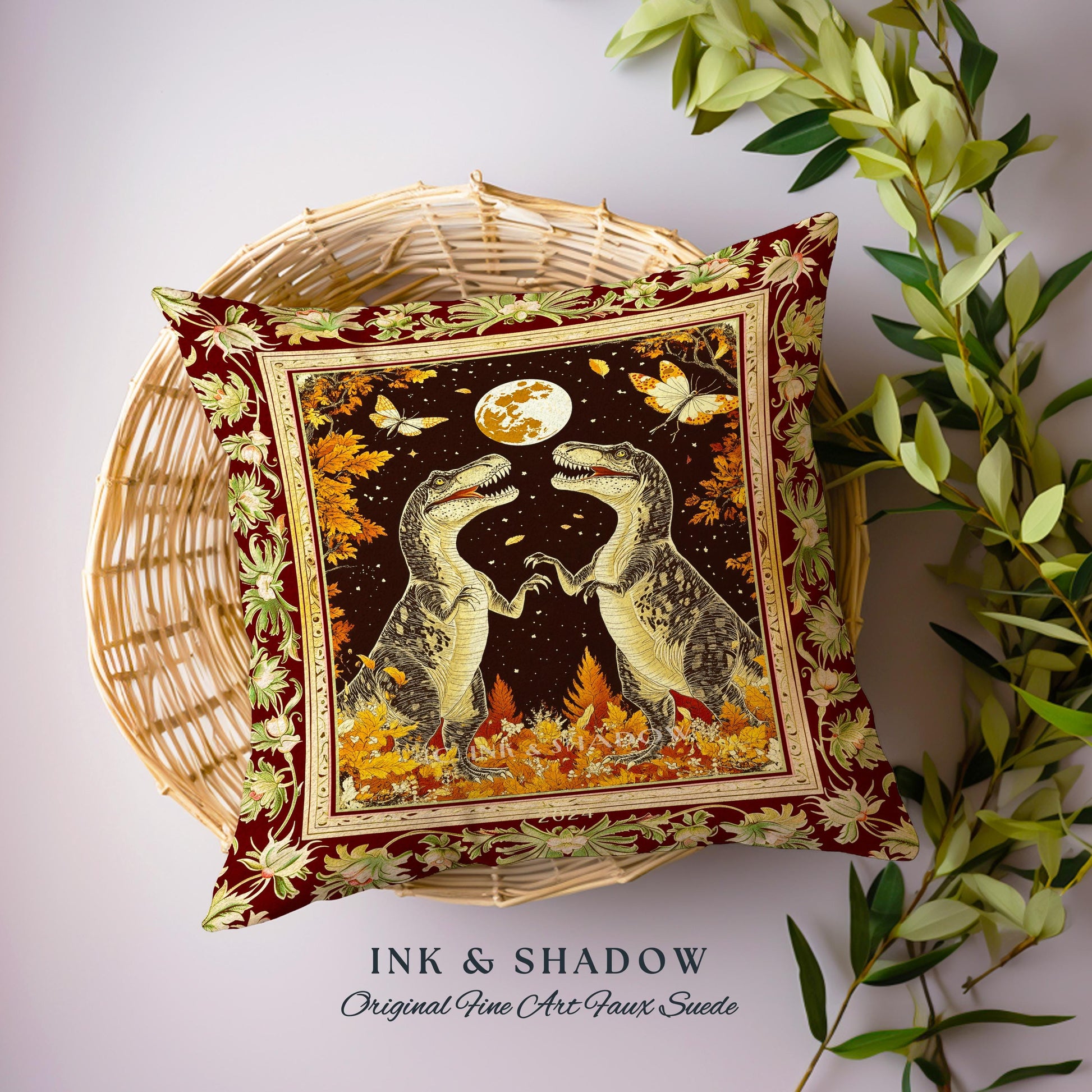Baroque Dinosaur Pillow Ornate Medieval Botanical Nightscape Art | Vintage Dark Academia Woodland Gothic T-Rex Enchanted Forest Fantasy |