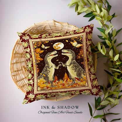 Baroque Dinosaur Pillow Ornate Medieval Botanical Nightscape Art | Vintage Dark Academia Woodland Gothic T-Rex Enchanted Forest Fantasy |