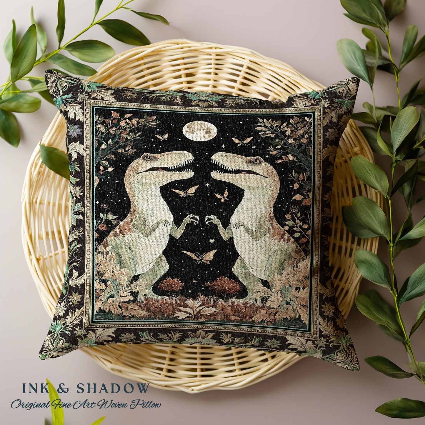 Mystical T-Rex Pillow Celestial Night Enchanted Forest Decor | Whimsical Dark Woodland Whimsy Vintage Dinosaur Art Fantasy Forestcore Accent