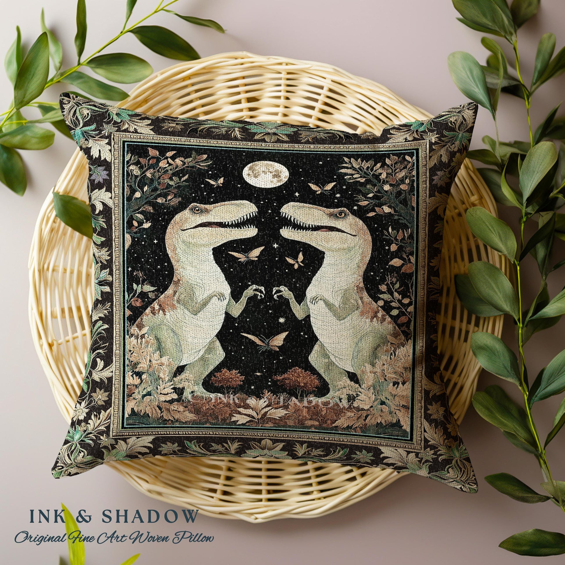 Mystical T-Rex Pillow Celestial Night Enchanted Forest Decor | Whimsical Dark Woodland Whimsy Vintage Dinosaur Art Fantasy Forestcore Accent